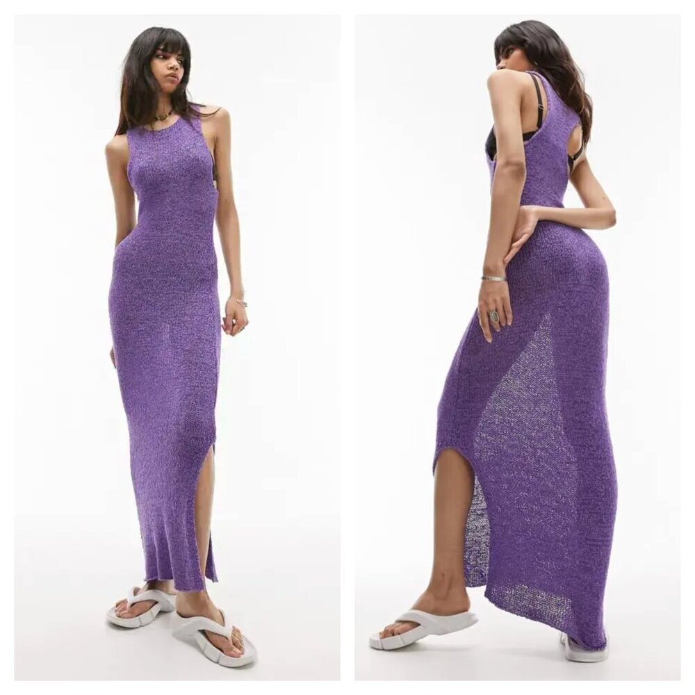Topshop Tape Yarn Racerback Tank Crochet Sweater Maxi Dress in Purple Women's XS